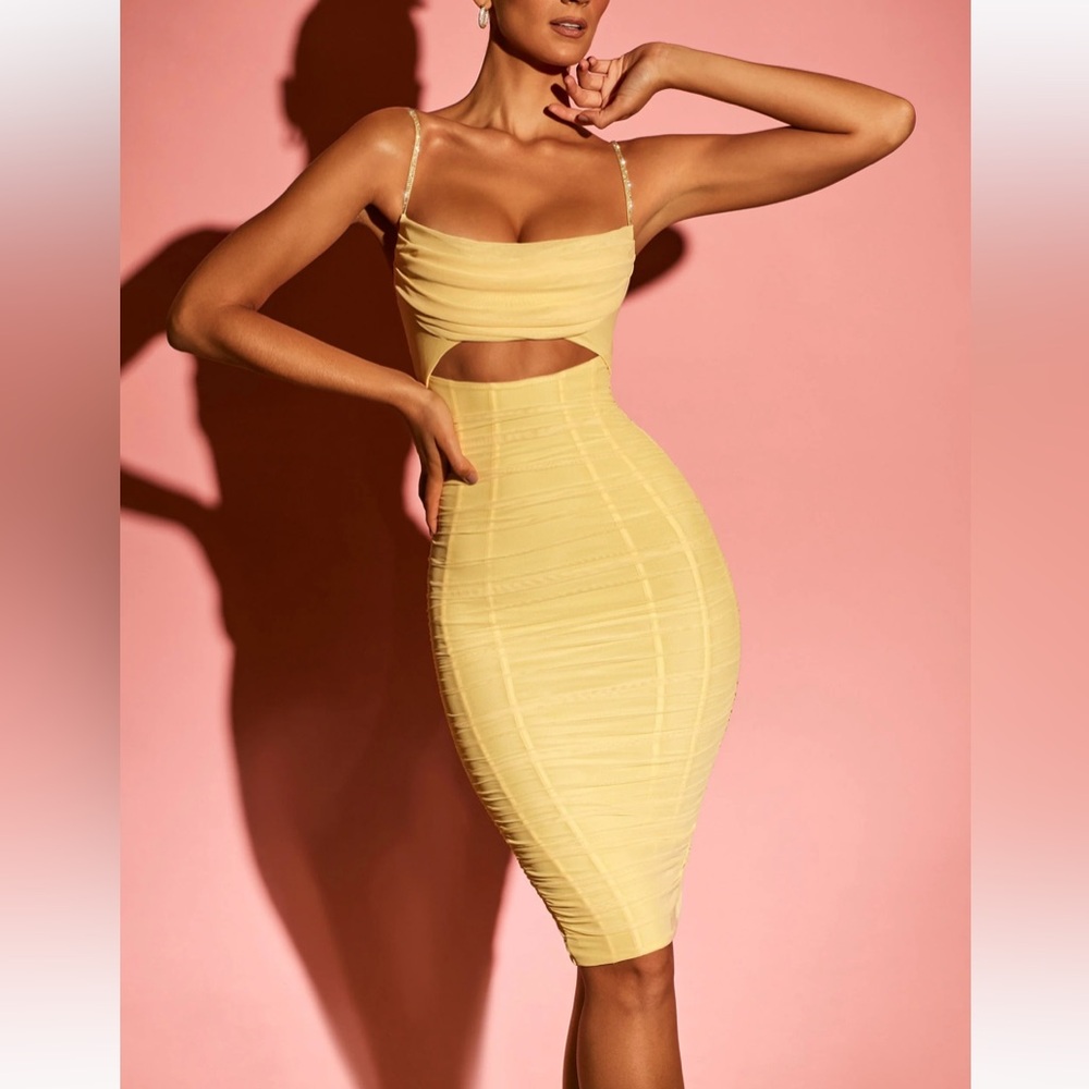 Oh Polly Corsica Embellished Bodycon Cut Out Summer Yellow 💛 - Picture 3 of 15